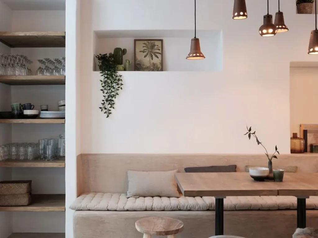 Sfeervolle eetkamer met houten eettafel en ingebouwde zitbank in vakantiewoning Antwerpen voor 16 personen